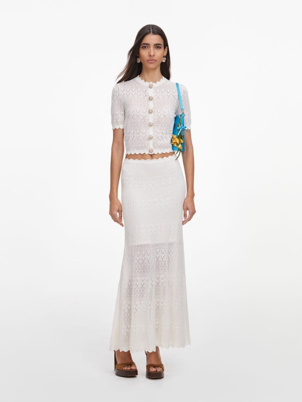 Self Portrait White Pointelle Knit Midi Skirt